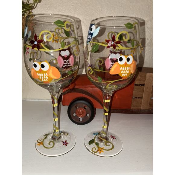 Wine Goblet Glasses Hand Painted Owls Set of 2 - Picture 4 of 9